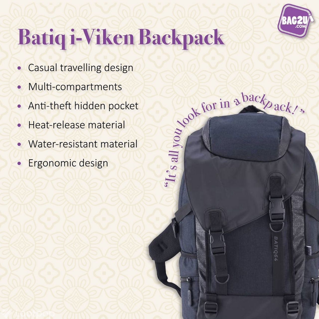 Exclusive Bag2u 31% Off Voucher for Batiq i-Viken Backpack
